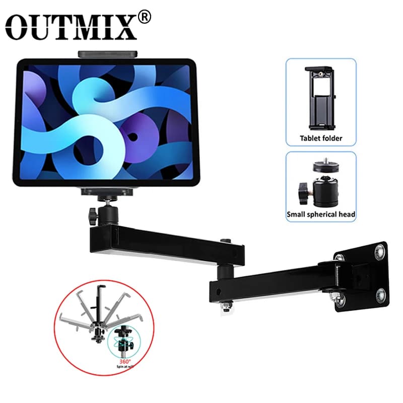 OUTMIX Supporto da parete per tablet Supporto da parete per telefono estensibile con braccio lungo Supporto da parete regolabile in metallo per iPad per iPhone iPad da 4-11 pollici