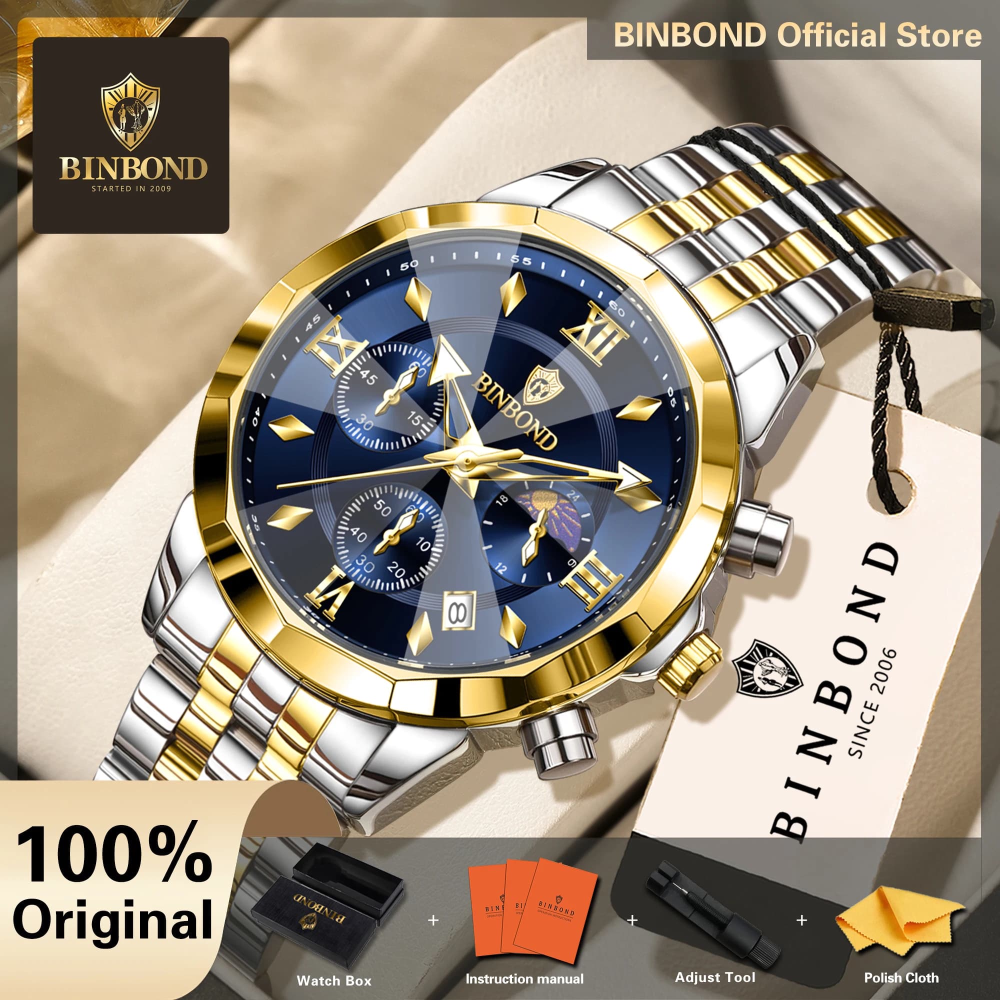 BINBOND Original Chronograph Men's Watch Quartz Watches For Men Luxury Luminous Waterproof Reloj Festina Hombre +Gift Box
