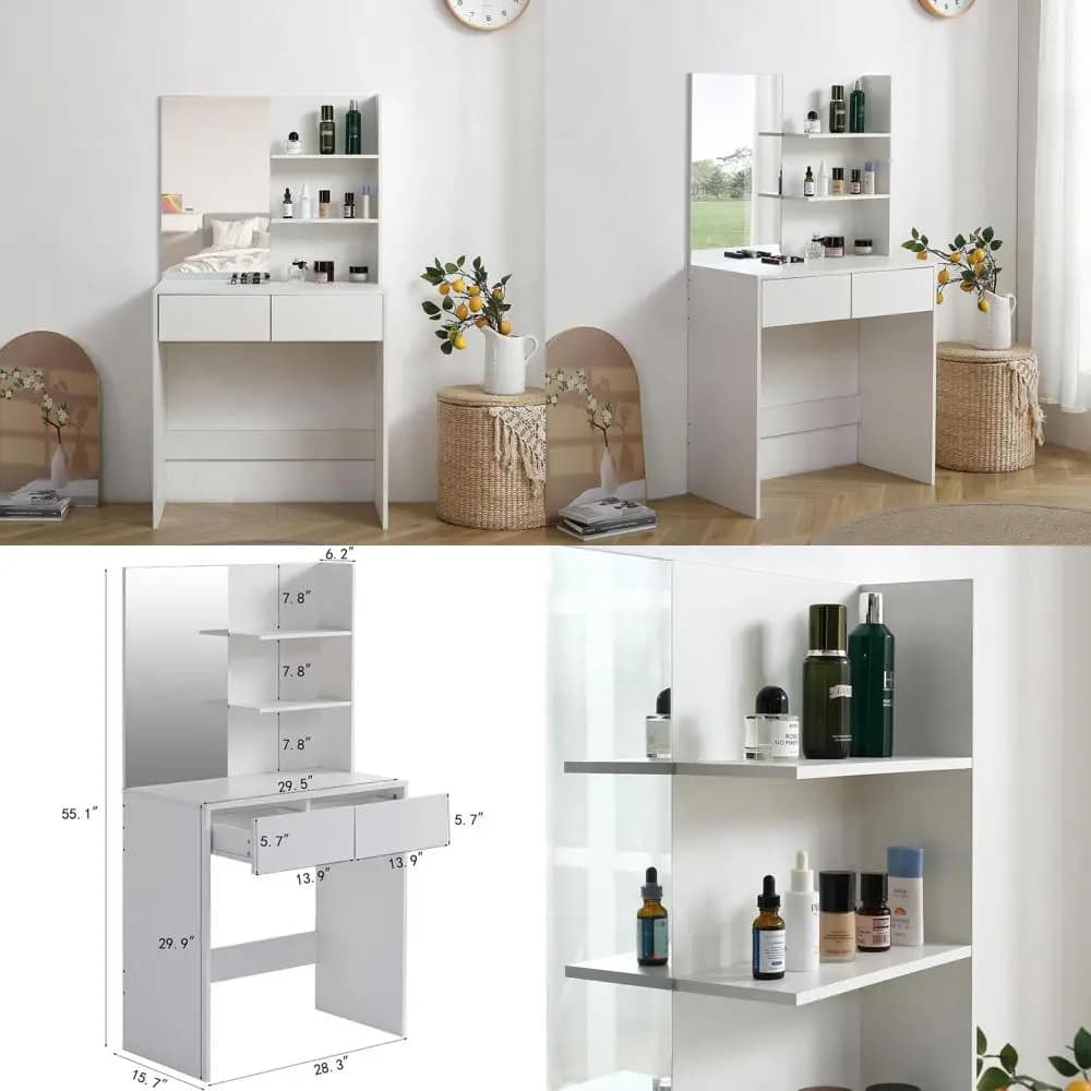 Toeletta da Trucco con Specchio, 2 Cassetti e Sgabello Imbottito, Ideale per Bagno o Camera da Letto, Bianca