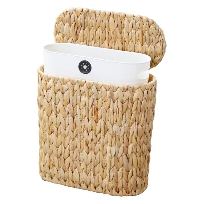 AB41-Wicker Bathroom Trash Can With Lid,Narrow Rattan Waste Basket With Removable Liner Bucket,Woven Water Hyacinth Can