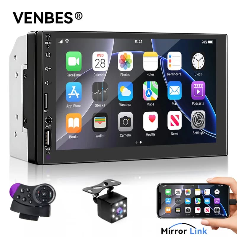 VENBES Autoradio da 7" Touch Screen 2 Din con MirrorLink Bluetooth Telecamera di retromarcia USB TF FM AUX