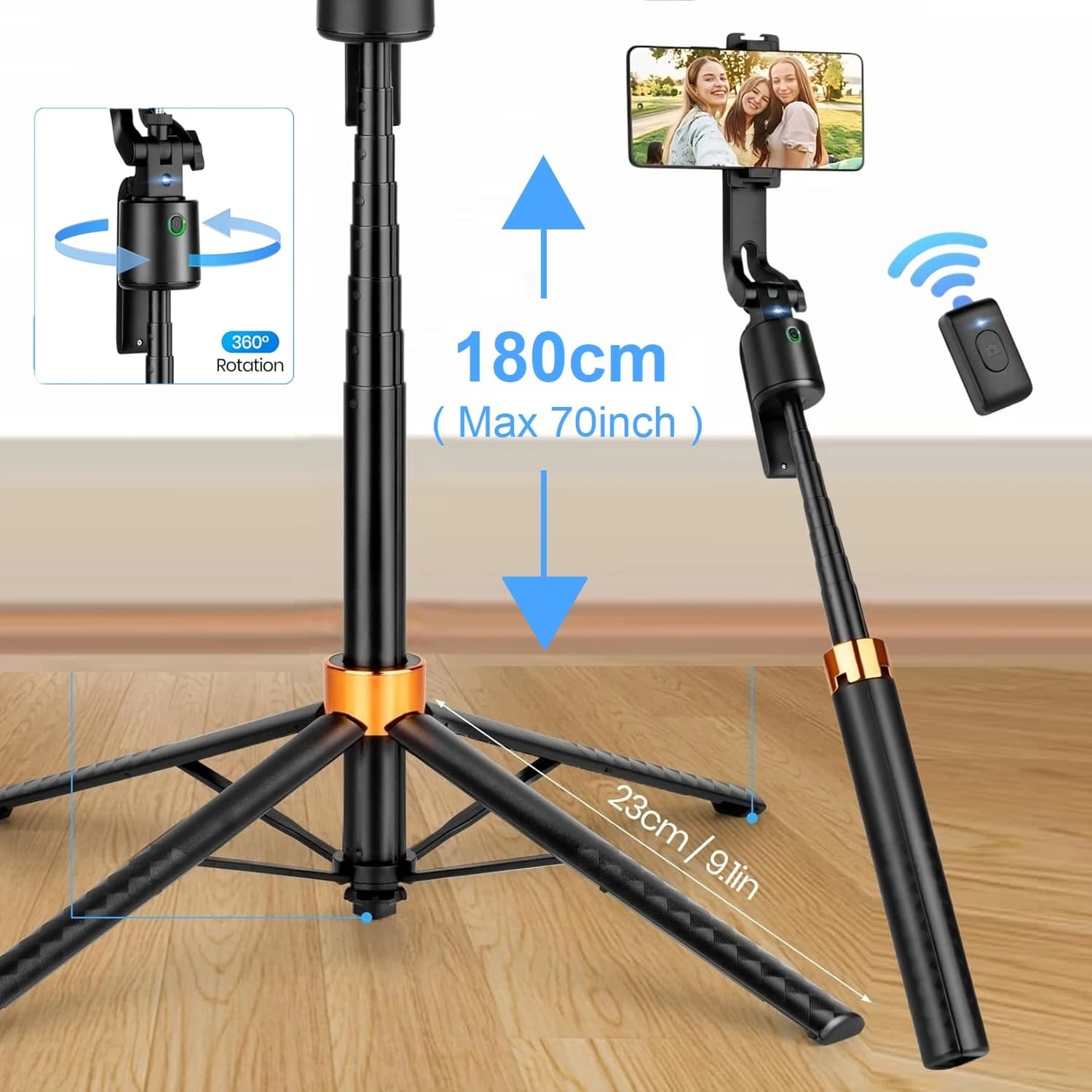 Folding tripod 180 cm/71 inch, selfie stick with Bluetooth remote control with cardanic joint with automatic face tracking, mobile phone bracket for video