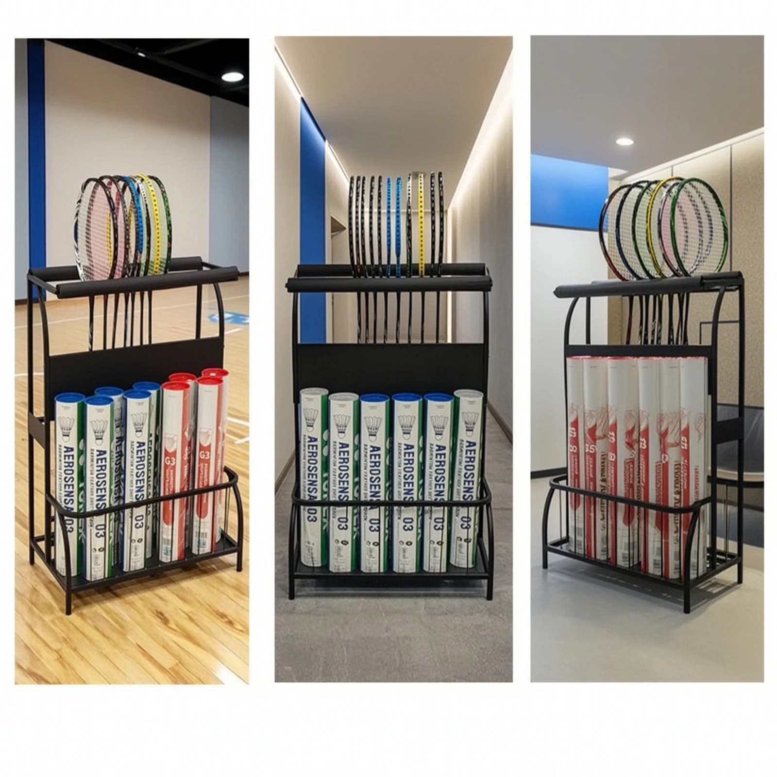 Racket Stand with Basket Matte Black Tennis Racket Storage Rack Tennis Racquet Stand Open-Frame Sports Organizer Stable
