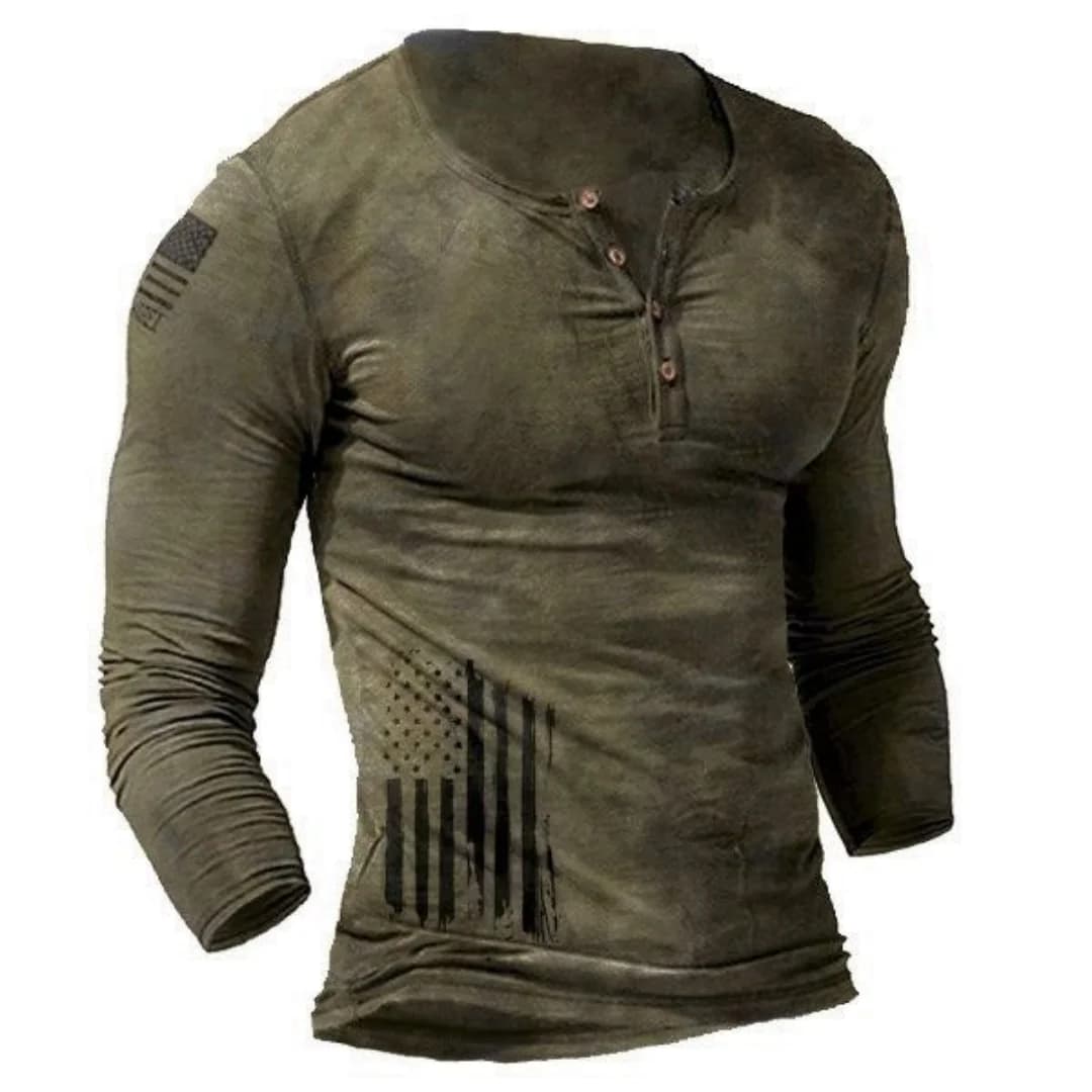 Mens Vintage Washed Henley Long Sleeve T-Shirt Retro Distressed USA Flag Print Four Button Placket Slim Fit Casual Tops