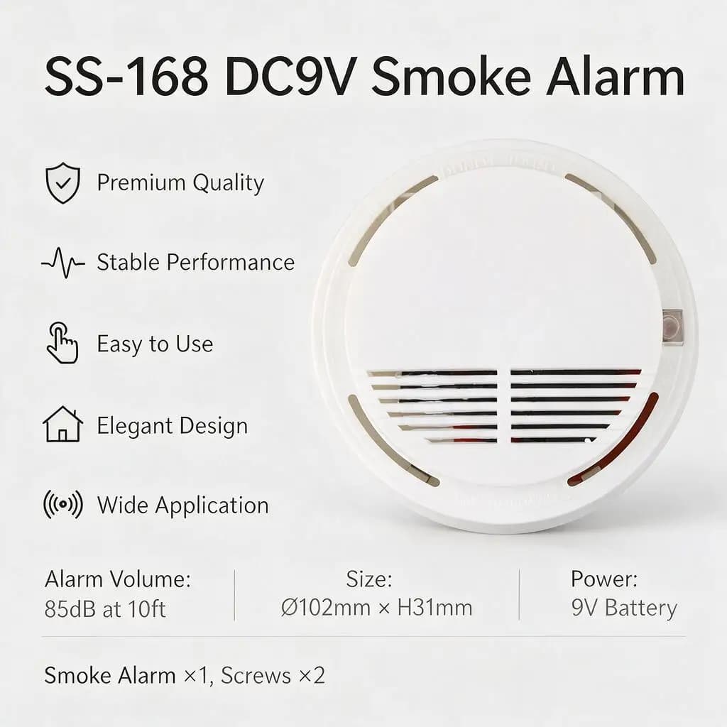 SS‑168 DC9V Smoke Alarm Detector High‑Sensitivity Fire Sensor 85dB Warning Sound Round Safety Alert Device With Mounting Screws