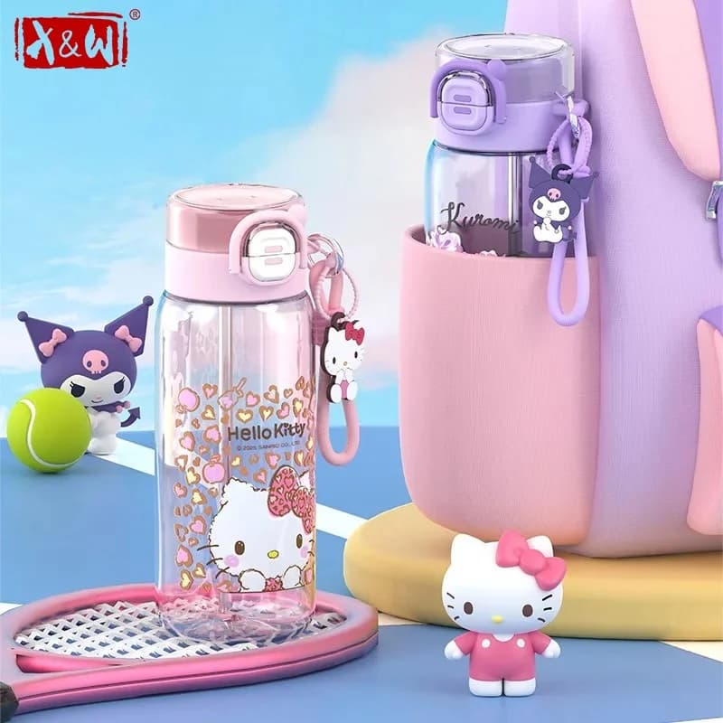 X&W Sanrio Borraccia per bambini Cartoon Kuromi Space Cup con coperchio a scomparsa e cinturino, tazza con cannuccia a prova di perdite, tazze portatili per sport/fitness
