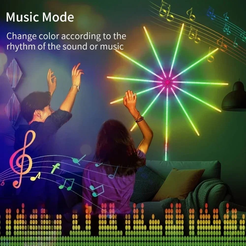 Fuochi d'artificio intelligenti Luci a LED Fuochi d'artificio per interni Effetto di lancio Musica/Sincronizzazione del microfono Striscia di luci a LED che cambia colore RGB per Capodanno