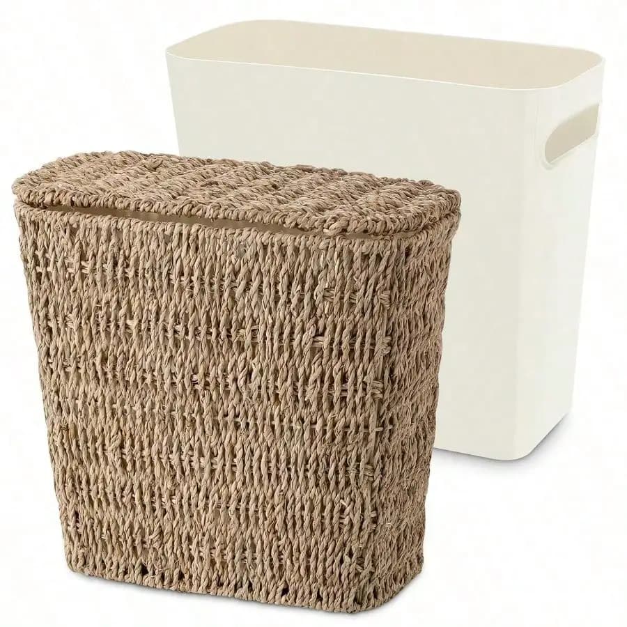 Cestino per rifiuti in vimini con coperchio e rivestimento, cestino in erba marina intrecciata, cestino per rifiuti da bagno, cestino per rifiuti in stile boho per camera da letto e casa