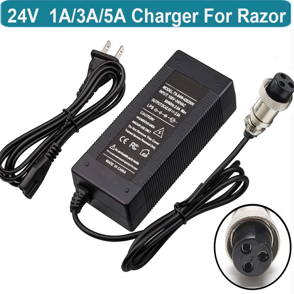 24V 5A Battery Charger 3 Prong Power For Razor E200S E175 E300S E150 E500 PR200 E325S MX400 Pocket Sports Mod Dirt Quad