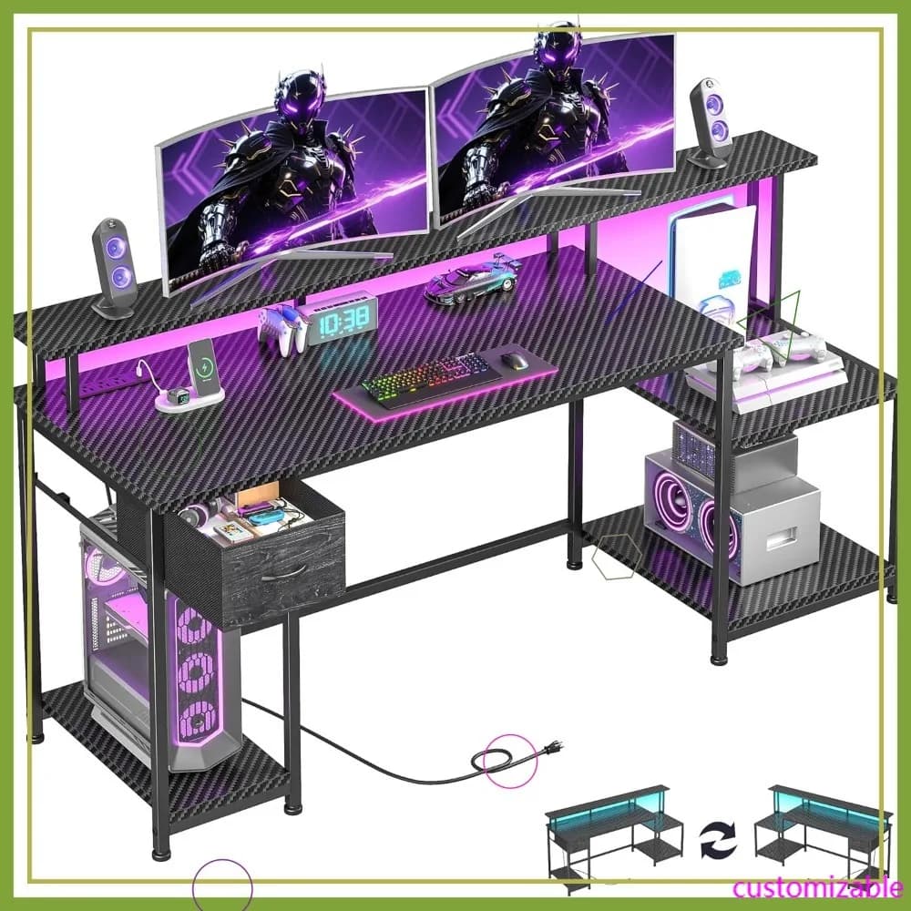55" gaming desk with LED lights, power outlet, shelves and storage drawer, ergonomic monitor support, black