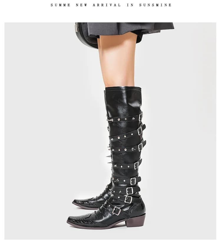 Fashionable women's boots, punk style, cowboy, robust design, pointed, with rivets, long, Knight model, New Collection 2026, European and American style