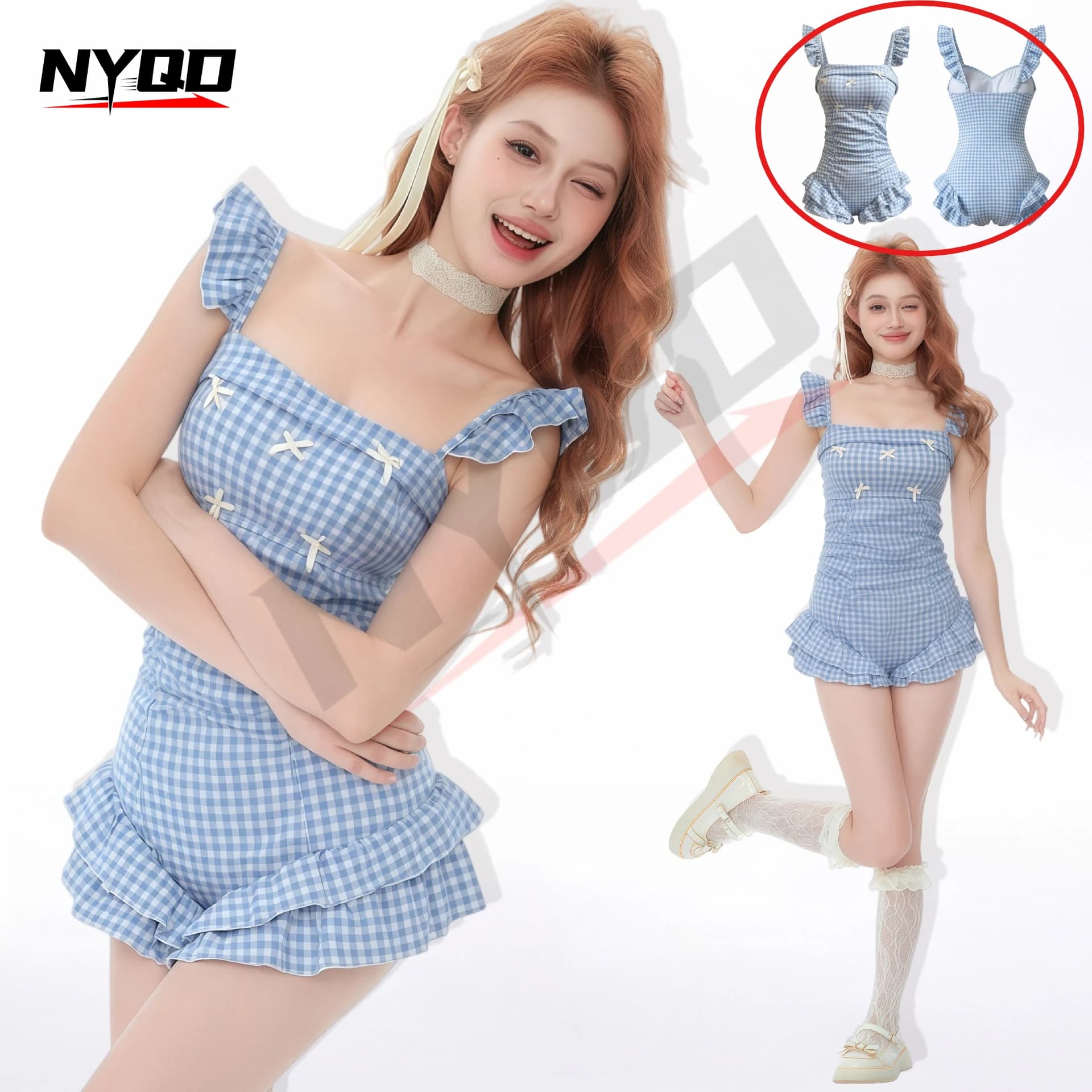 Costume da bagno intero da donna 2026, modello Sweet, blu e bianco a quadri, con maniche a volant, fiocco, controllo pancia, effetto snellente, stile conservativo