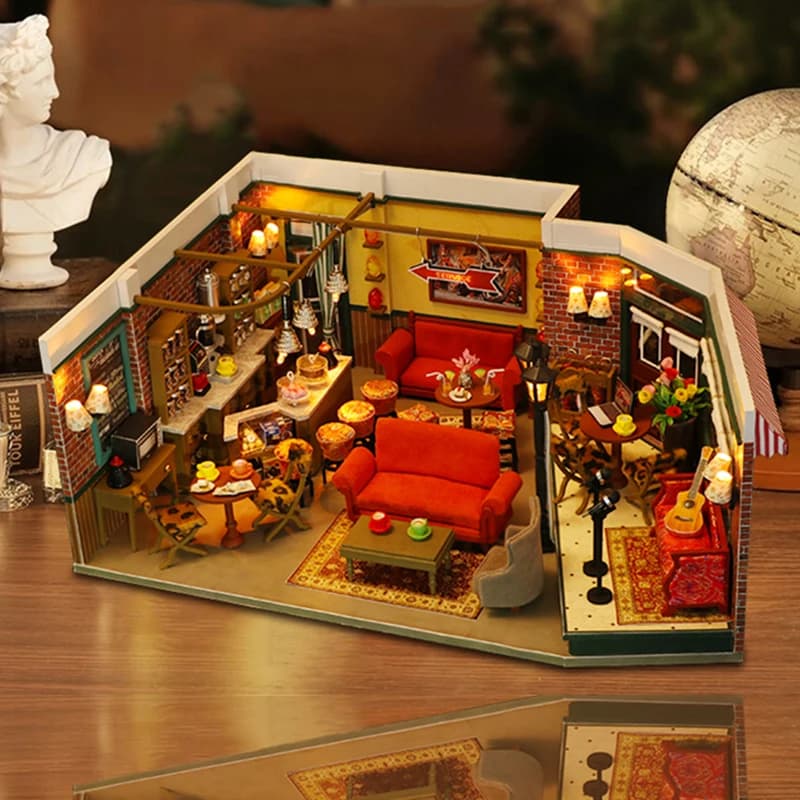 Fai da te in legno centrale Perk Cafe Casa kit di costruzione in miniatura fermalibri con luci scaffale assemblato decorazione della Casa regali per gli amici