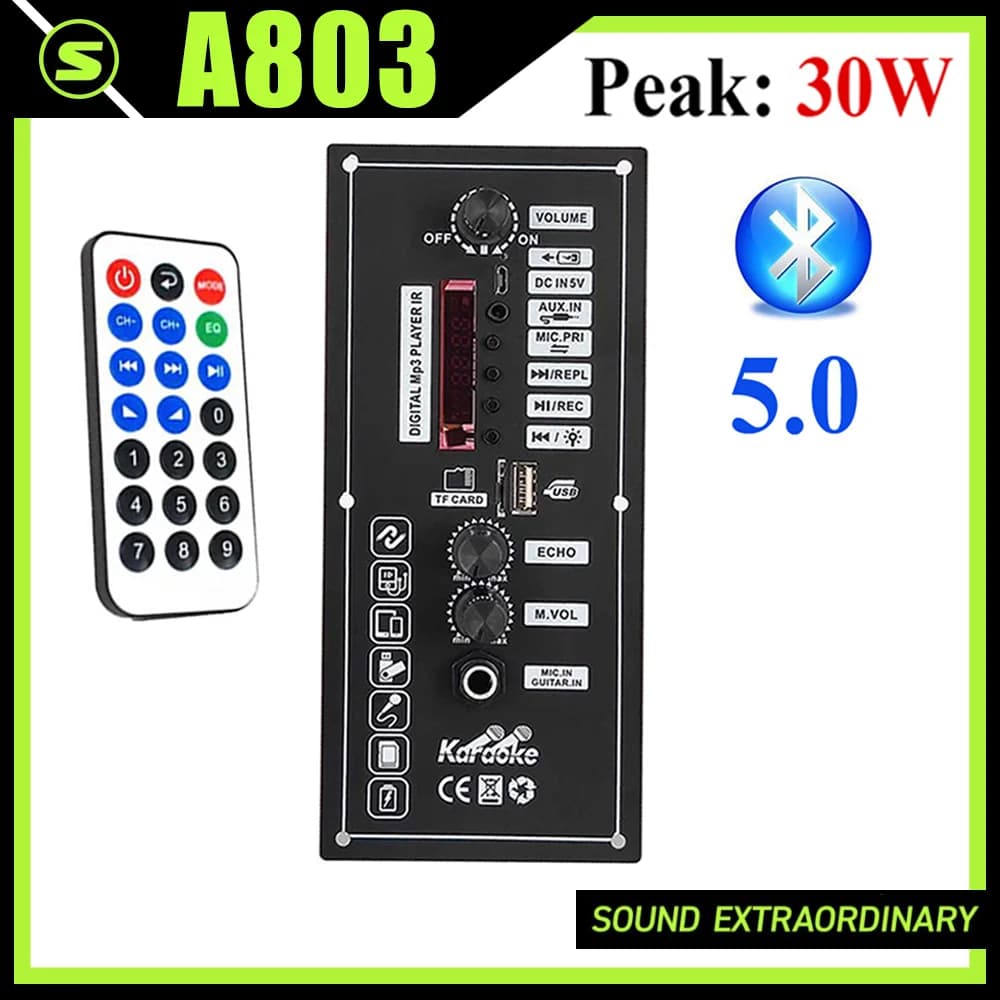 A803 30W Amplifier Card with Remote Control, Decoder MP3 DC 5V, Bluetooth 5.0, USB, AUX, U-Disk, MIC for 4 Ohm 5-8 Speakers
