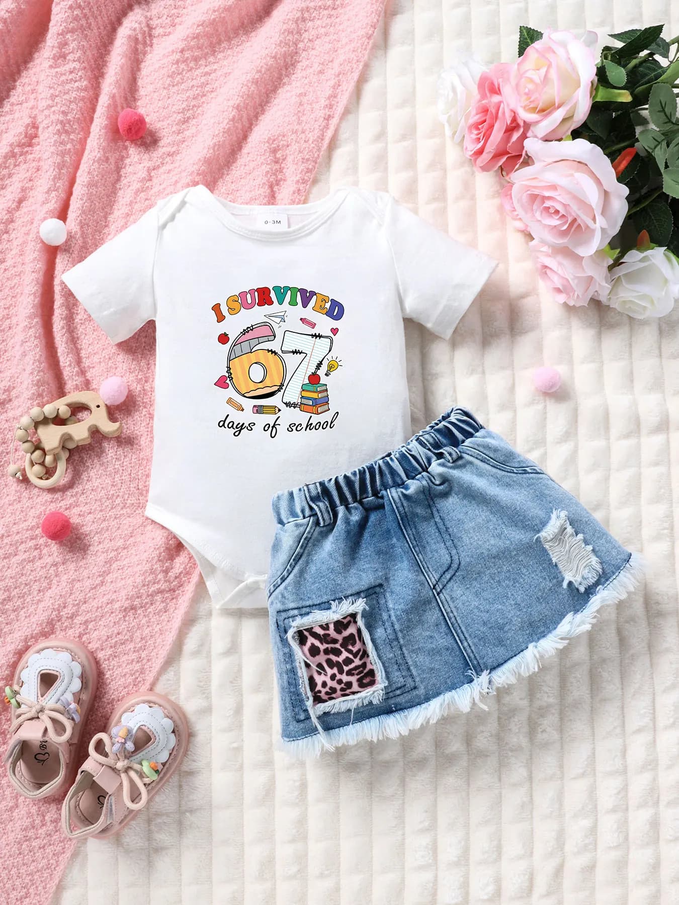 Completo estivo per bambina con tema 'Sono sopravvissuta a 100 giorni di scuola', stile uniforme scolastica, tutina a maniche corte + minigonna in denim