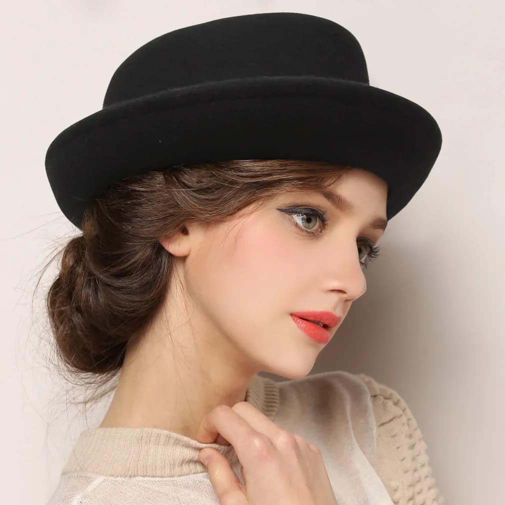 100% Wool Felt Hat Fedora with Tent Rolled Billycock Black Woman Man High Style Church Hat British High Style Women's Hat for Indoor and Outdoor