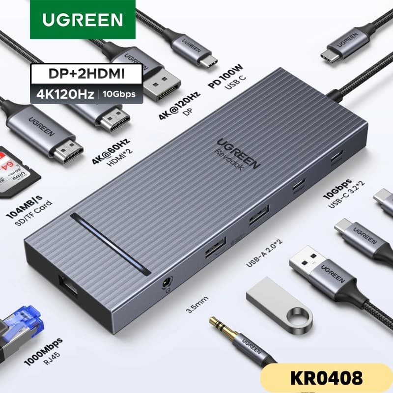 UGREEN HUB USB 12 in 1 da tipo C a 2HDMI 4K120Hz DP USB3.2 10Gbps SD/TF RJ45 PD100W per MacBook Dell HP Accessori per laptop Docking