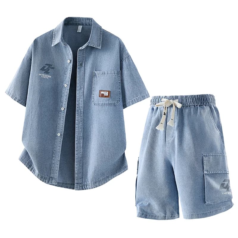 High quality denim summer suit for men - elegant and refined set of short sleeve shirt and shorts