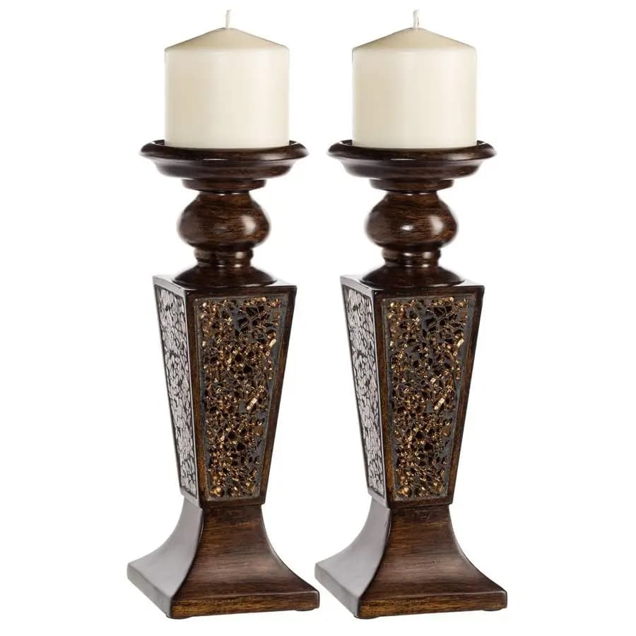 Set of 2 Candleholders in Column Brown Schonwerk with Design in Screpolated Mosaic, Functional Table Decorations and Centerpiece for Lunch and Living Room