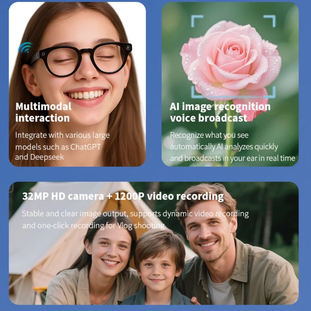 V03-T6 AI Smart Glasses 32MP HD Camera Mini 1200P Registrazione video Occhiali da sole AI Intelligeng Office Assistant Auricolare BT wireless