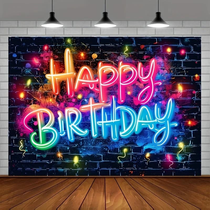 Glow Happy Birthday Sfondo Neon Glow spruzzato di graffiti su una parete di mattoni decorata nella festa oscura