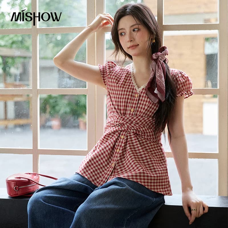 MISHOW Women's Lace V-neck Puff Sleeves Plaid Blouses 2026 Summer Fashion Button Belt Waist Tops Female Clothing MXE36X1814
