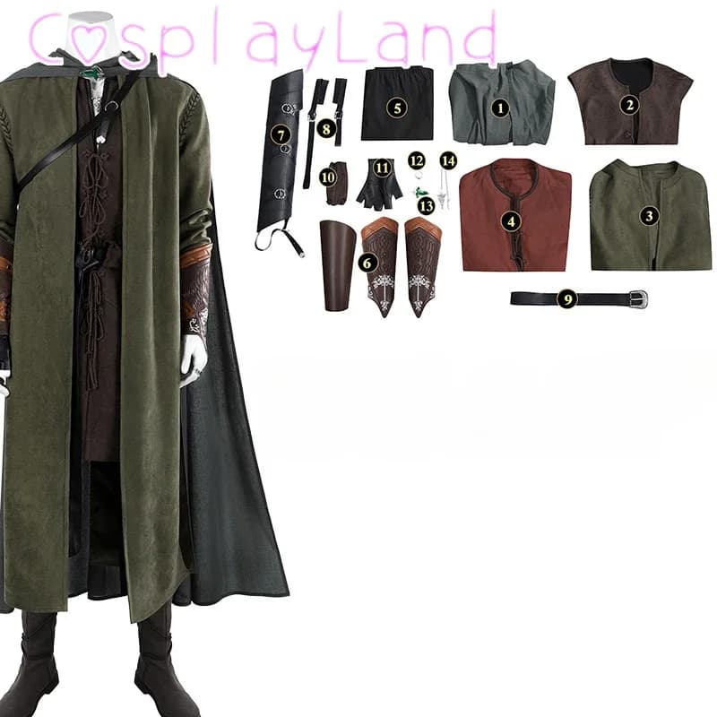 Costume cosplay Aragorn Top Pantaloni Mantello Accessori Completo Set completo Costume di Halloween su misura per uomini adulti Abito Aragorn