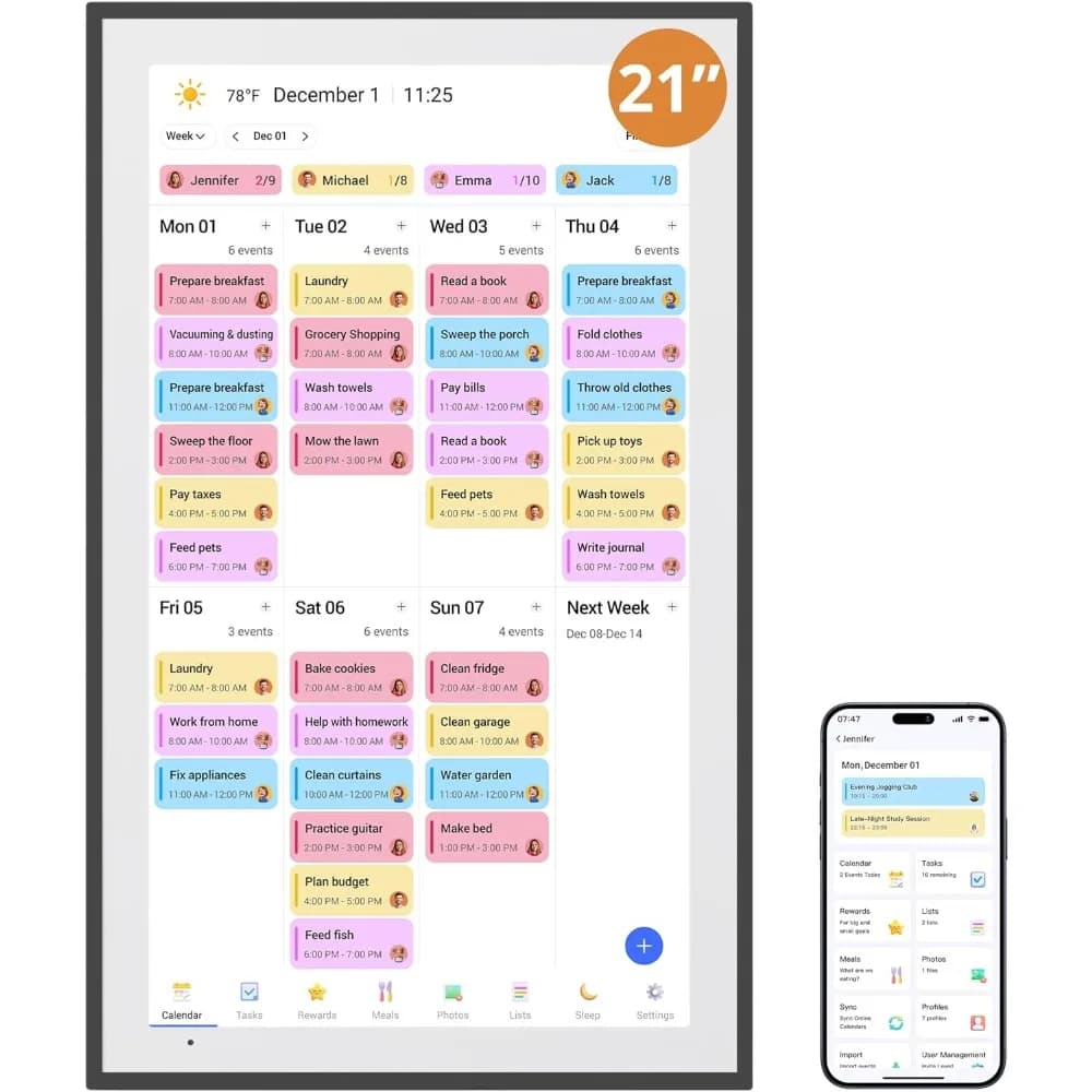 Calendario da parete digitale touch screen da 21,5 pollici - Grafico e pianificatore di lavori di famiglia con supporto da scrivania, funzione cornice per foto da 32 GB