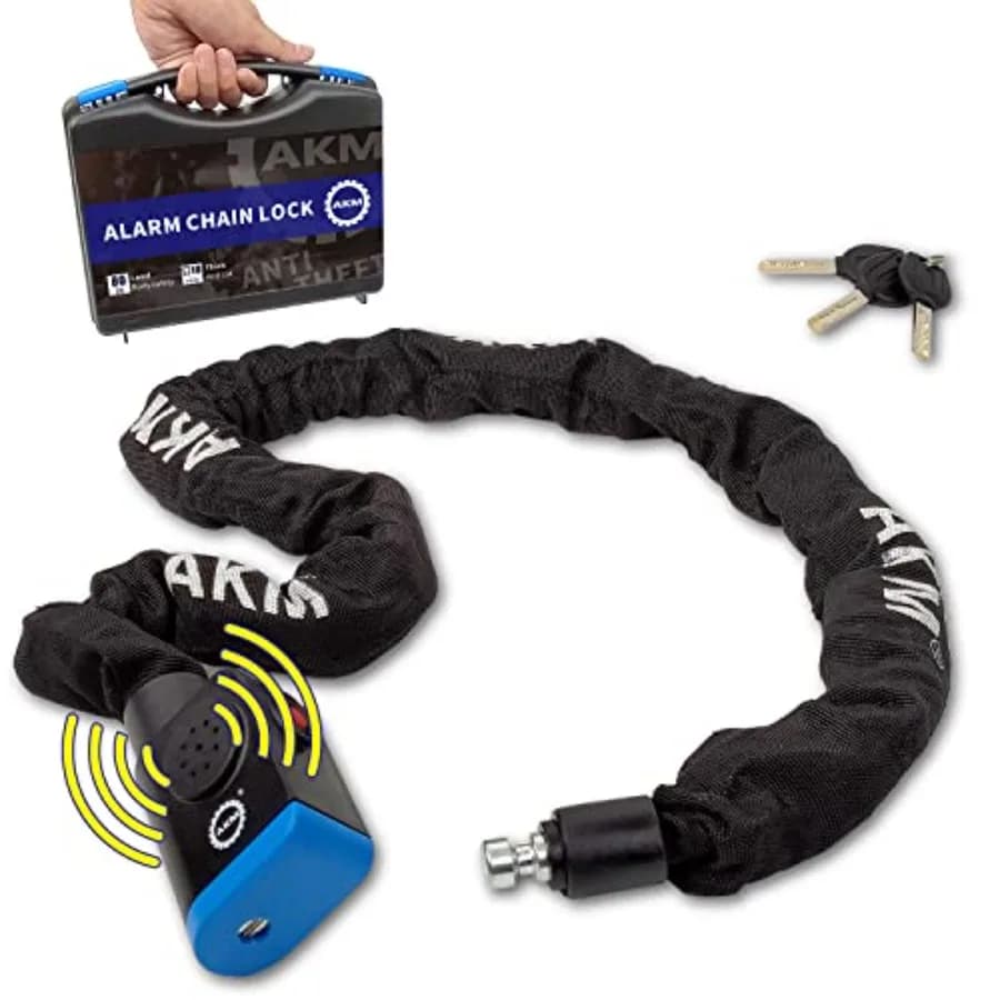Catena Antifurto per Moto Resistente con Allarme Sicuro da 80 dB, Lunga 120 cm, Spessore 10 mm, Resistente alle Intemperie, con 3 Anelli