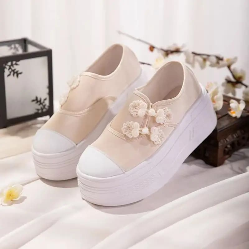 Scarpe da donna in stile cinese con suola spessa e fibbia, nuove scarpe casual nude con punta tonda e rialzo interno per primavera autunno