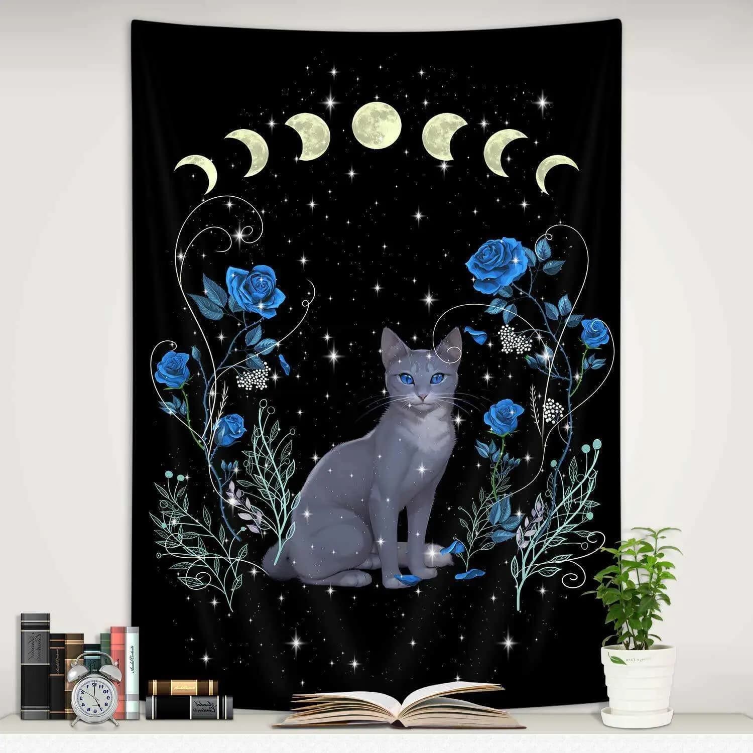 Cat Moon Phase Vertical Tapestry, Aesthetic Blue Rose Floral Animal Tarot Tapestry Wall Hanging Bedroom, Trippy Black Tapestries