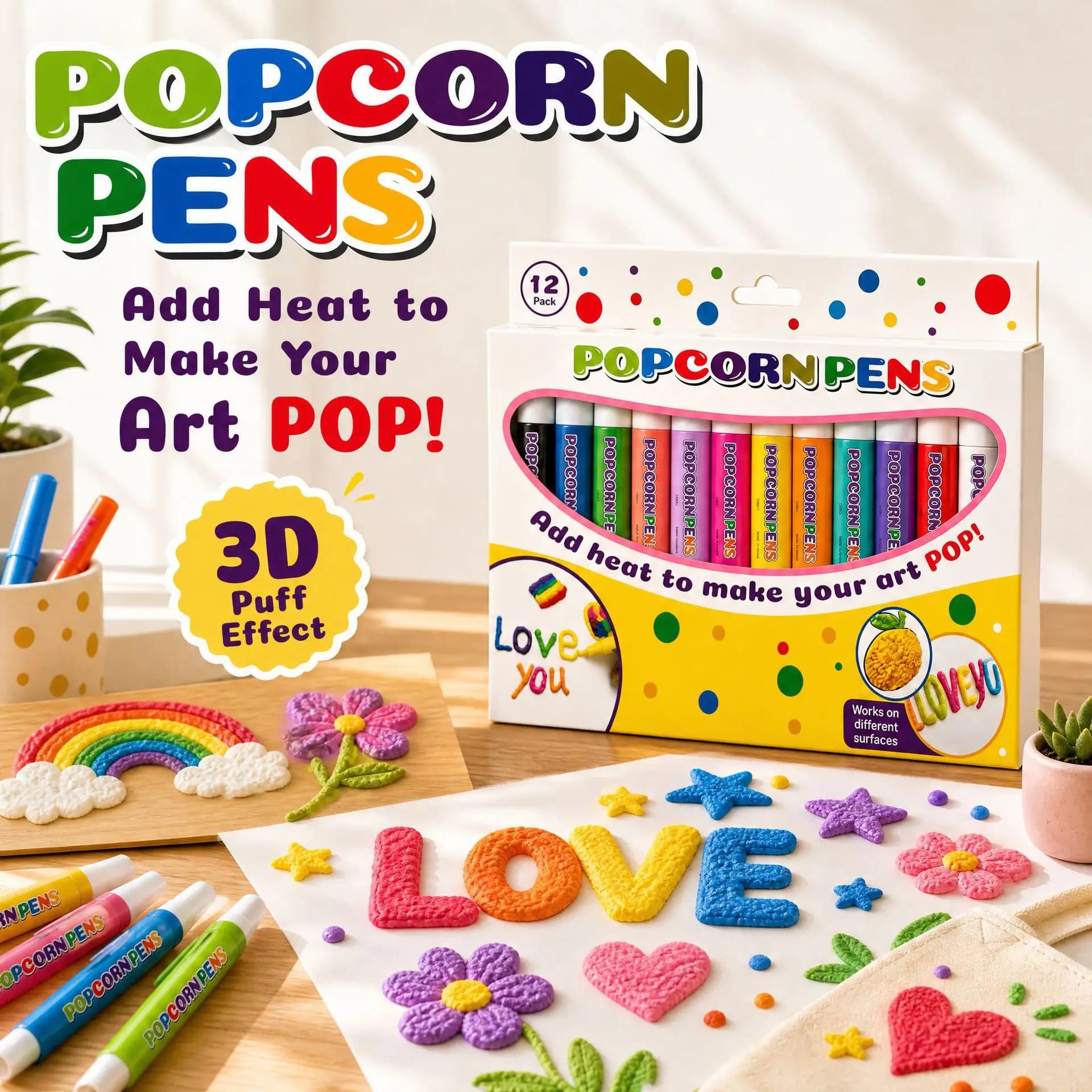 Puffy Popcorn Pen Set 3D Art Marker Kit Smooth Easy‑to‑Color Pens for Craft Notebook Greeting Card Doodle Graffiti DIY Gift