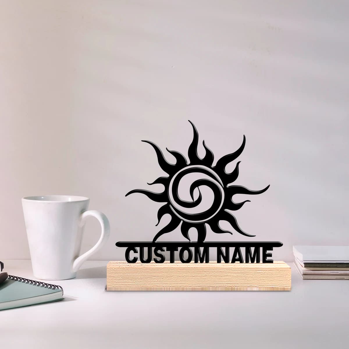 Totem in metallo personalizzato in stile Zen con base in legno, decorazione da tavolo, adatto come regalo per avvocati, ufficio e uomini.