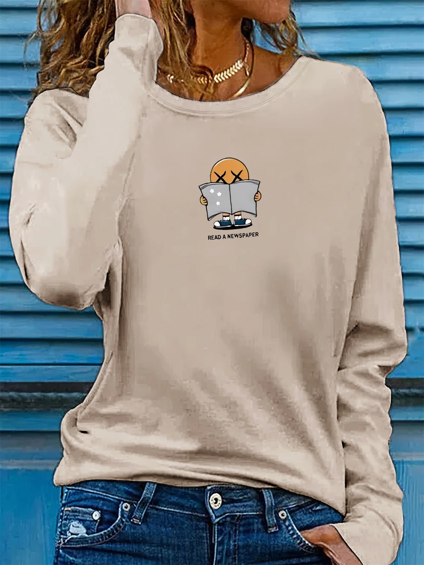 T-shirt girocollo con stampa grafica cartoon a maniche lunghe moda casual comoda primavera e autunno da donna in puro cotone al 100%