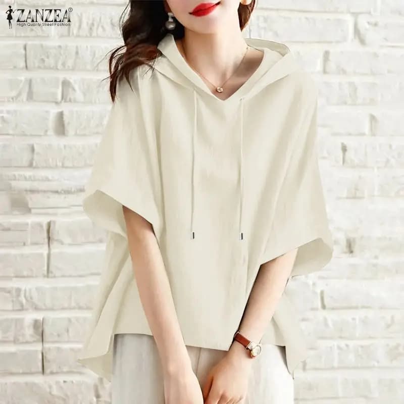 2026 ZANZEA Women's Shirts with Hood, Half Sleeved Summer Mesh, Top Casual Tinta Unit, Hoodie, Elegant and Comfortable Women's Office OL