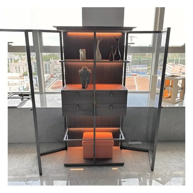 Mobiletto portabottiglie di design in vetro, vetrina per vini, mobile di lusso per la casa, mobiletto portabottiglie in vetro illuminato.