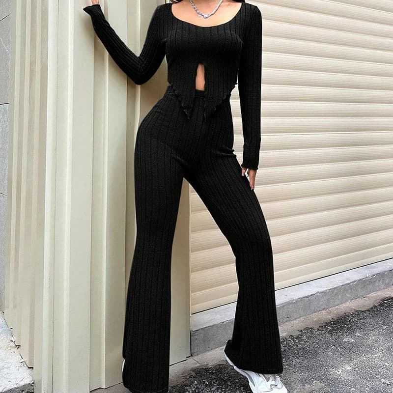 BKLD 2025 Autunno Nero Casual Sexy Vestito coordinato Manica lunga O Collo Orlo a fessura Top corto + Pantaloni attillati Tendenza donna Streetwear