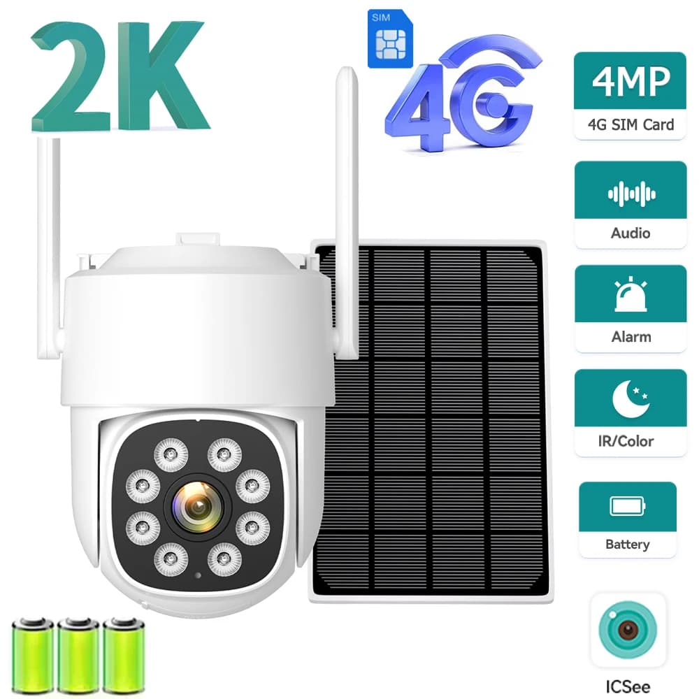 Telecamera di sicurezza 2K 4MP 4G solare con videosorveglianza 24/7, batteria integrata, visione notturna a colori AOV per esterni, telecamera CCTV con app iCSee