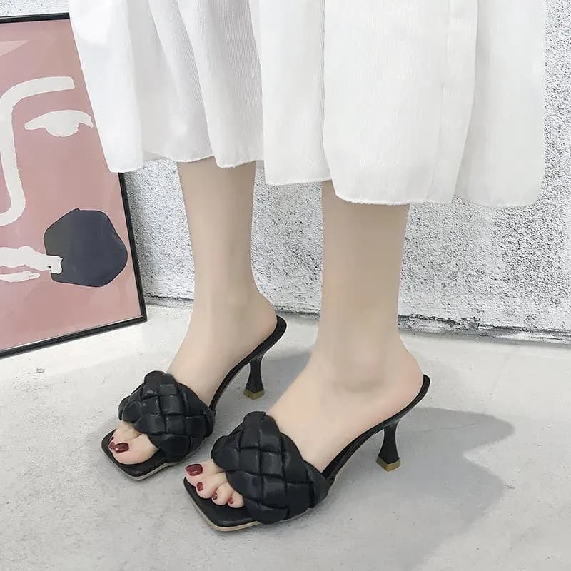 Summer Fashion Women's Square Toe Woven Sandals Luxury Brand Designer Sandals Comfortable Office and Casual Women's High Heels