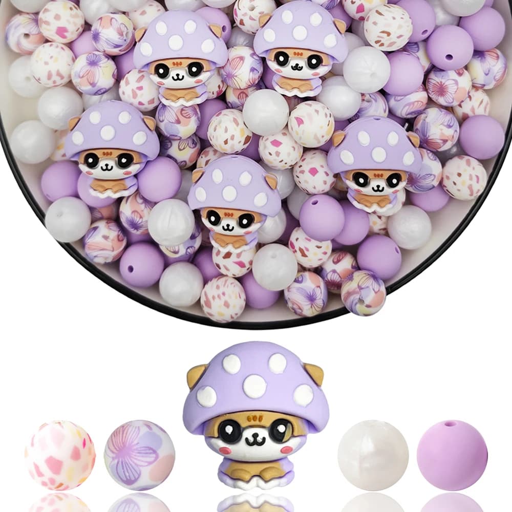 33Pcs Purple Mushroom Silicone Beads Set DIY Beaded Necklace Bracelet Decoration Pen Jewelry Pendant Etc. Holiday Birthday Gift