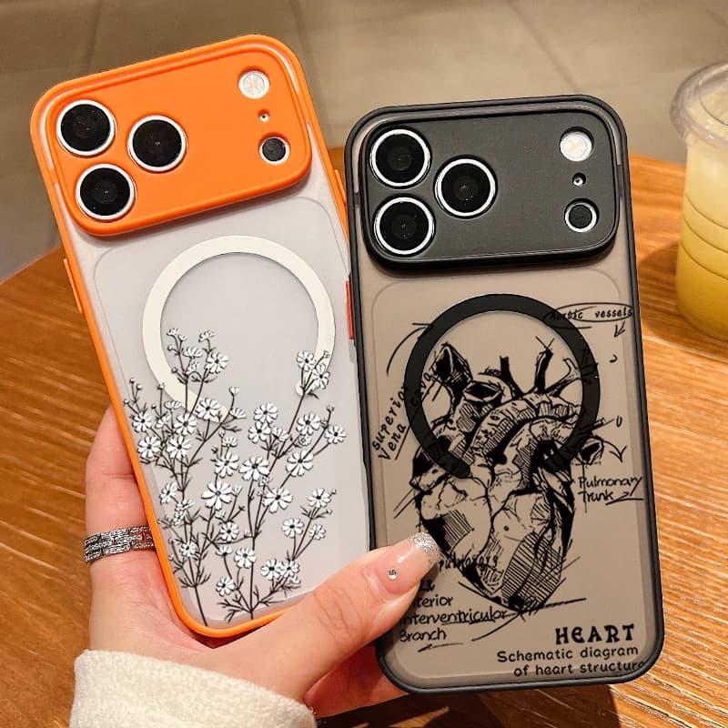 Magnetic Creative Heart Flower Pattern Phone Case For iPhone 17e 17 16 15 14 13 Pro Max 17 Pro 16e For Magsafe Hard Matte Cover