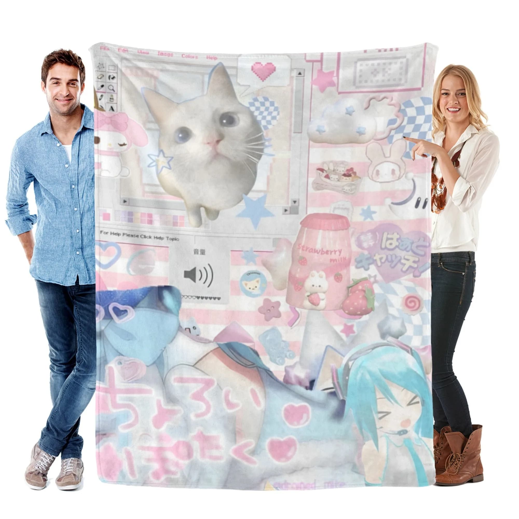 Coperta in flanella, stampa giapponese di cartoni animati con collage di gatti carini, adatta a tutte le stagioni, morbida e confortevole