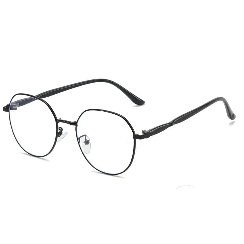 Occhiali da vista rotondi irregolari in metallo sottile stile coreano, montatura sottile nera lucida con lenti trasparenti, occhiali decorativi che valorizzano il viso, per studenti, riunioni di lavoro e stile casual quotidiano.