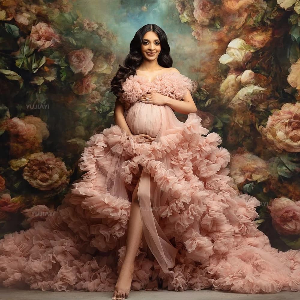 Tiered Ruffles Maternity Prom Dresses Puffy Tulle Robes Pregnant Women Gowns Front Split Wedding Bridal Sleepwear Photography