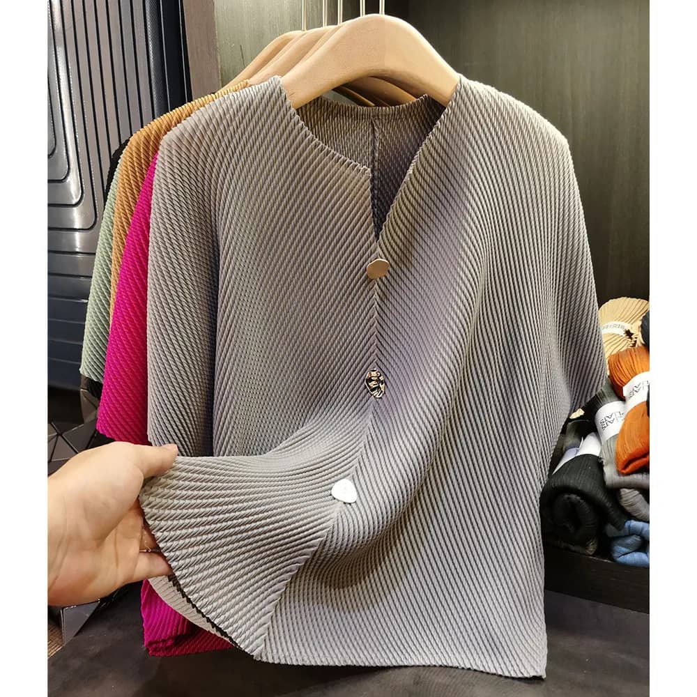 Miyake Bottone Decorativo Scala di Drago Camicetta A Pieghe Selvaggio Allentato Sottile T-shirt a maniche corte Donna Estate Nuovi Vestiti di Grandi Dimensioni