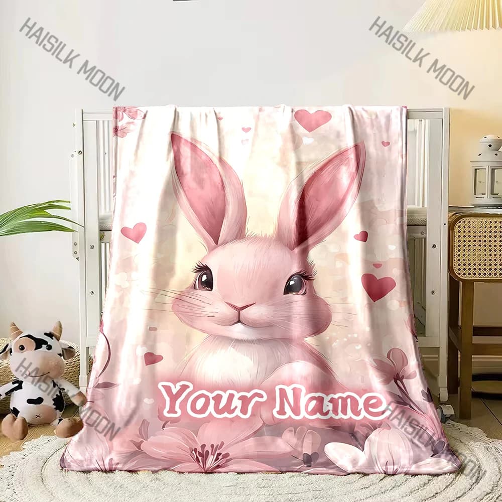 (Nome Memo U) Nome personalizzato Coperta personalizzata Simpatico cartone animato Coniglio Stampa Coperta calda e confortevole per regali per bambini adulti