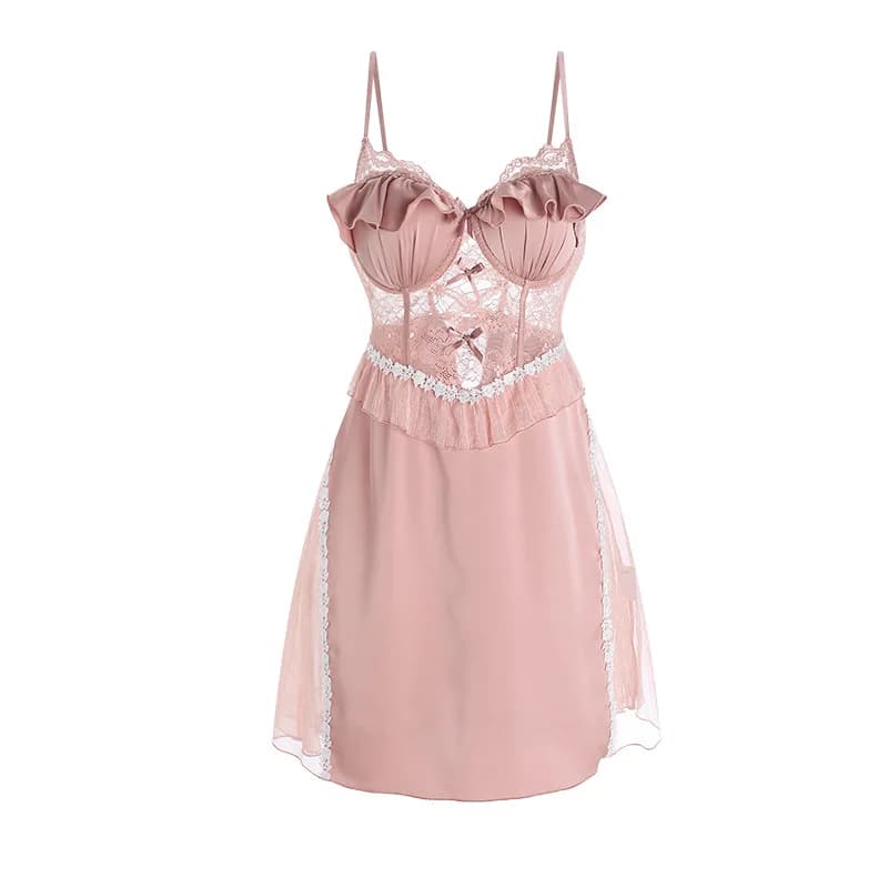 Abito in Raso Rosa con Pizzo, Imbottiture sul Seno, Vita Stretta, Schiena Scoperta, Allacciatura e Inserti in Rete, Camicia da Notte, Abito da Casa Charm 8WXT