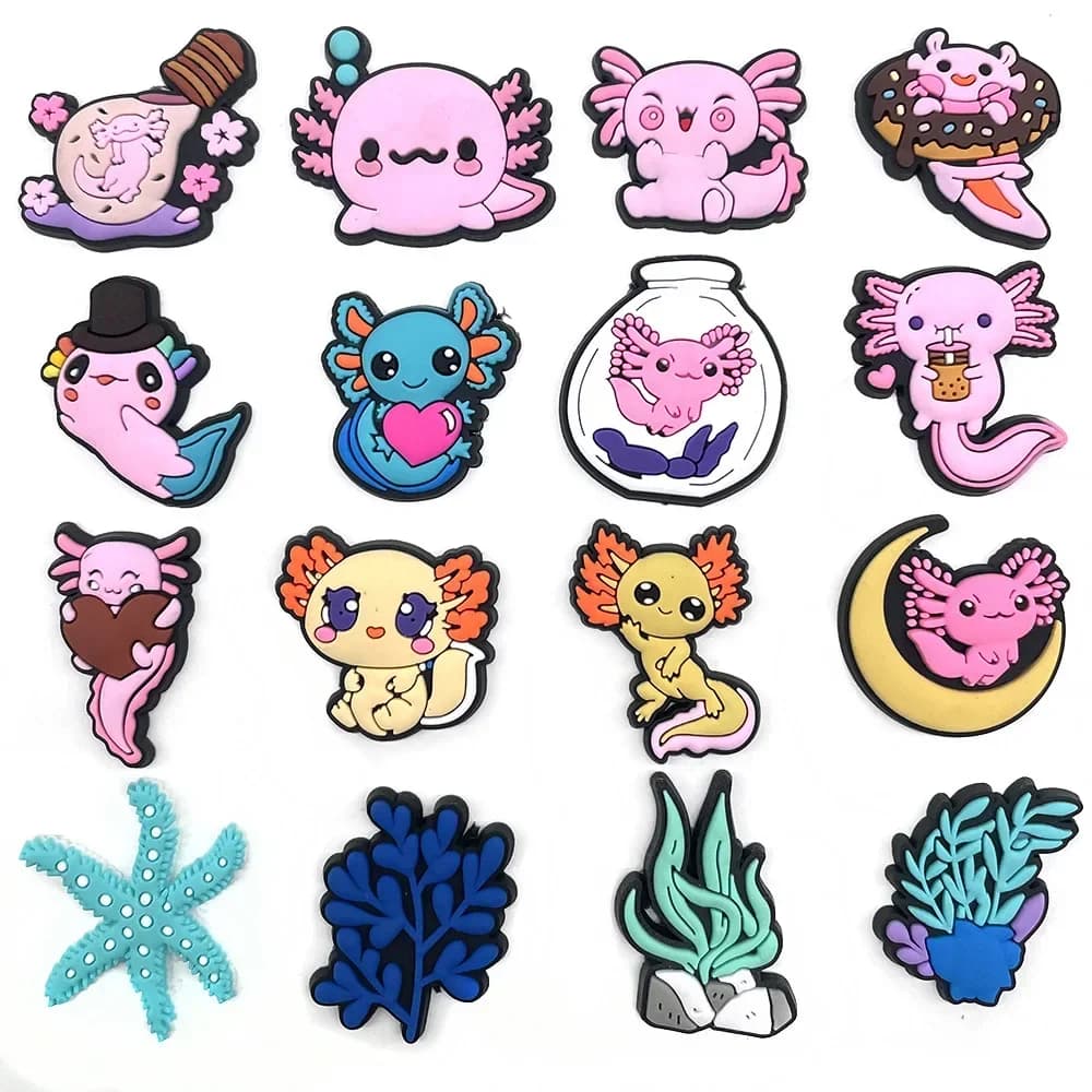 16Pcs Cartoon Axolotl Coral Series ciondoli per scarpe per zoccoli Bubble Slides sandali decorazioni per scarpe in PVC accessori con fibbia per bambini