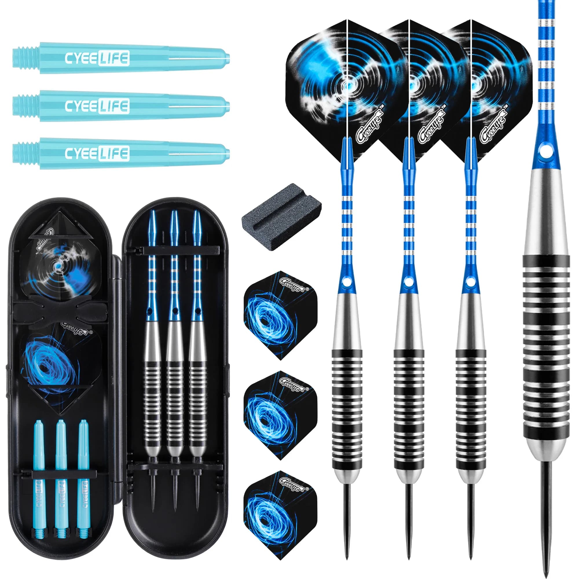 CyeeLife 28G 3 pezzi set di freccette con punta in acciaio volo standard in PET, freccette in acciaio inossidabile aste in alluminio punta in acciaio con scatola di immagazzinaggio