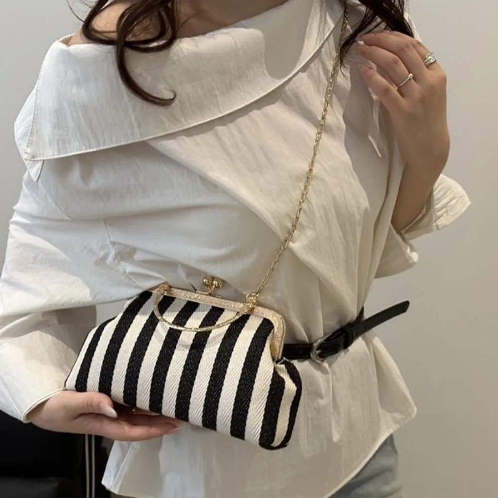Retro Kiss Lock Shoulder Bags Chain Minimalist Design Striped Crossbody Bag Popular Design Contrast Color Handbags Daily Use